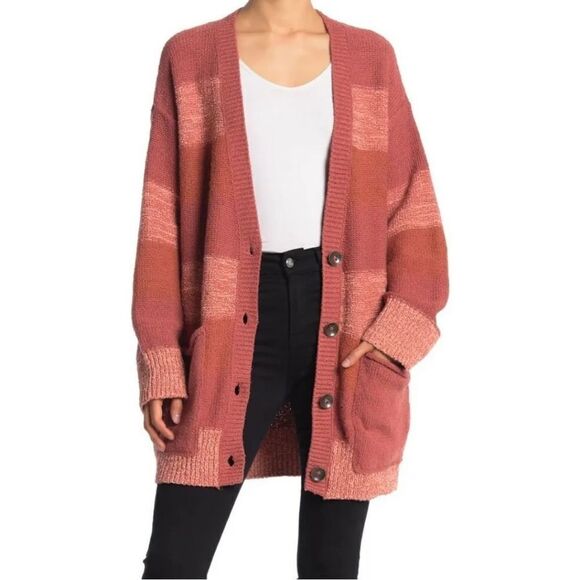 Free People Southport Pink and Orange Striped Oversized Cardigan Sweater - Picture 1 of 7